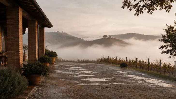 Nebbia mattutina sulle colline piemontesi vista dalla casa tra le vigne