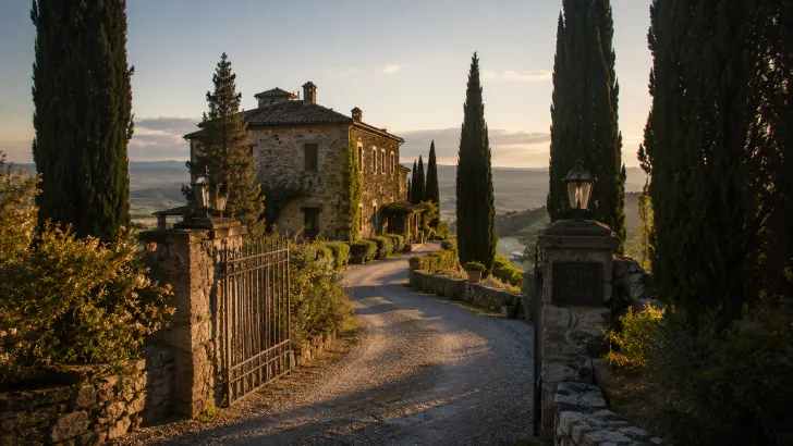 Facciata esterna in pietra del casale in collina in Umbria