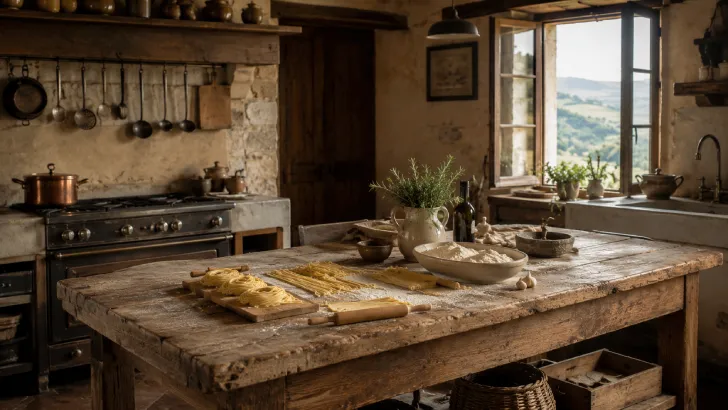 Grande cucina rustica del casale con tavolo in legno massiccio