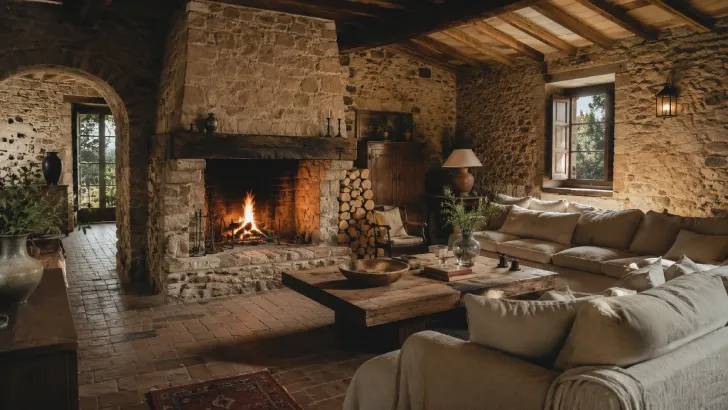 Soggiorno di un rifugio in Maremma con grande camino in pietra