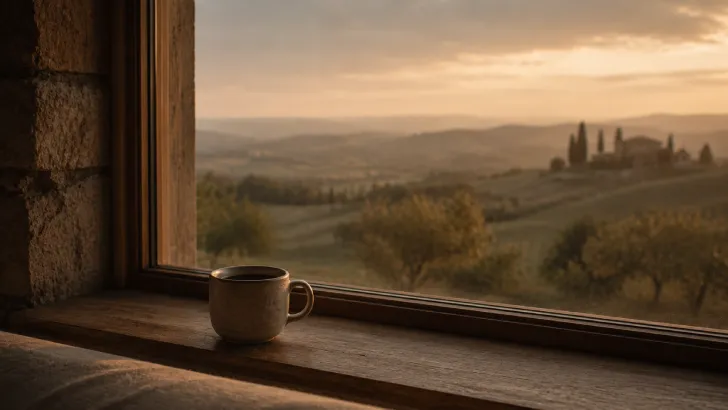 Tazza di caffè sul bordo della finestra con vista sulla campagna