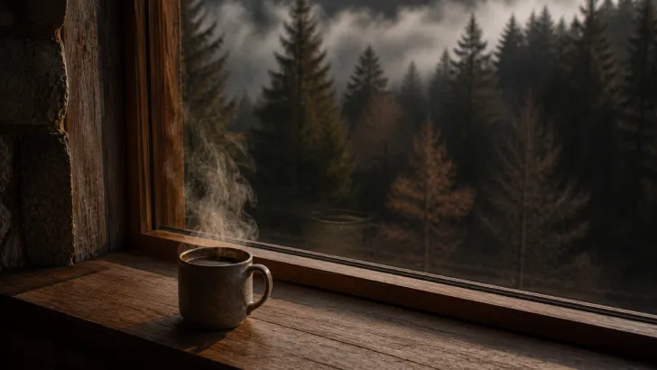 Tazza di caffè fumante sul davanzale di legno
