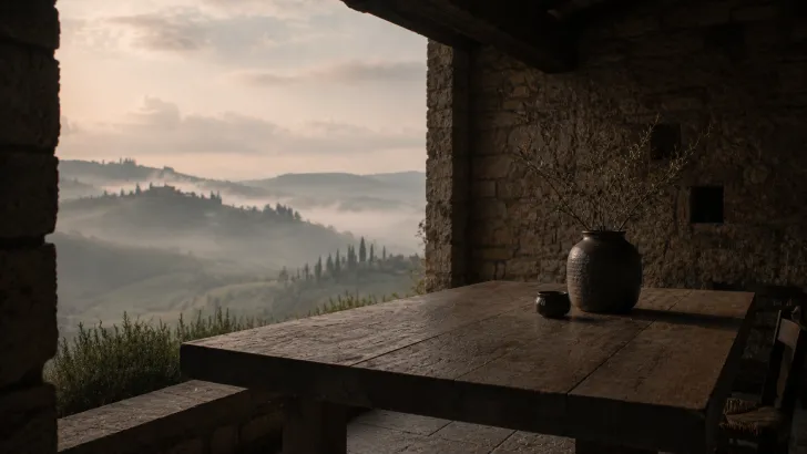 Tavolo in legno grezzo sotto un porticato con vista sulle colline
