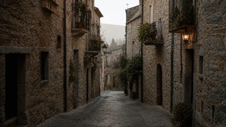 Vicolo in pietra con piante sui balconi e luce del mattino