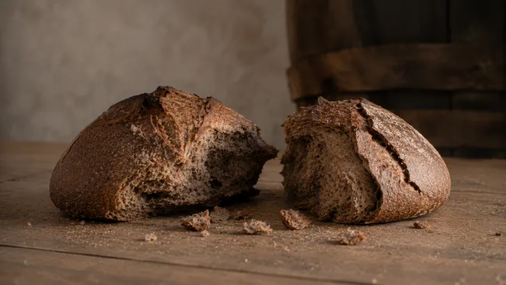 Mani che rompono una pagnotta di pane rustico