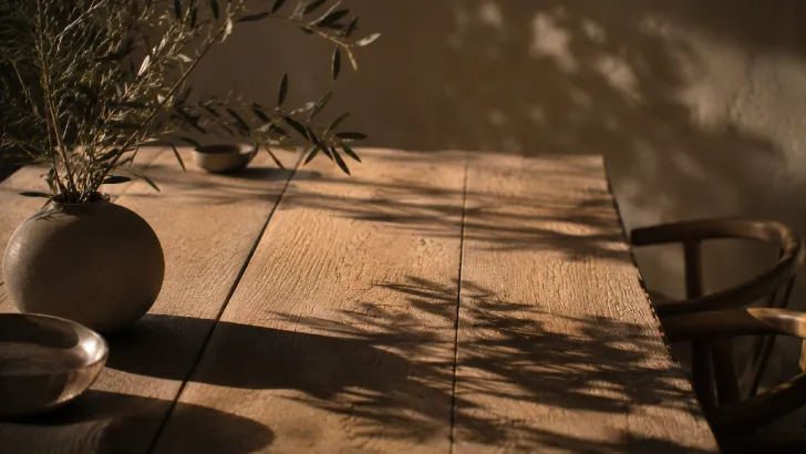 Ombre allungate nel pomeriggio su un tavolo di legno
