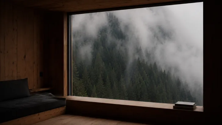 Interno essenziale in legno grezzo con grande finestra che guarda verso un bosco fitto avvolto da nebbia bassa