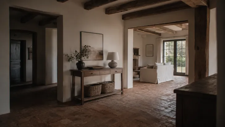 Interno di un casale rustico con travi a vista in legno scuro e pavimento in cotto usurato dal tempo
