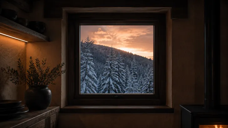 Finestra quadrata affacciata su un bosco coperto di neve al tramonto, con luce calda all'interno