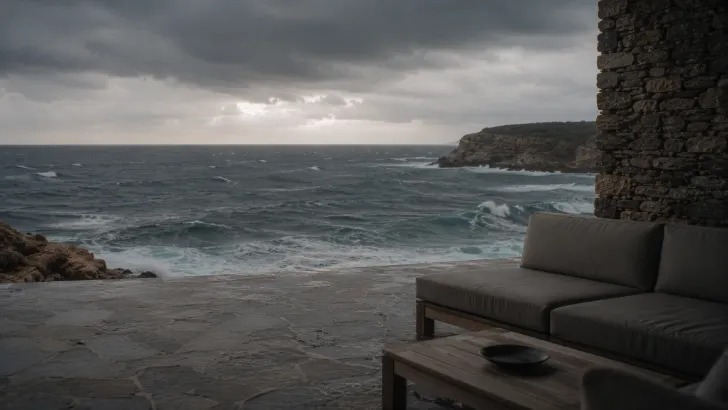 Patio esterno in pietra grezza battuto dal vento con vista diretta su un tratto di mare aperto e agitato