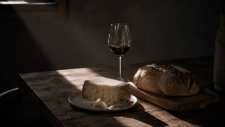 Tavolo in legno rustico con pane, formaggio locale e un bicchiere di vino illuminati dalla luce del pomeriggio