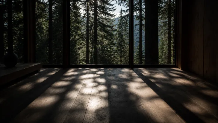Luce fredda dell'alba che filtra tra i rami fitti di una foresta e si proietta sul pavimento in legno di una stanza