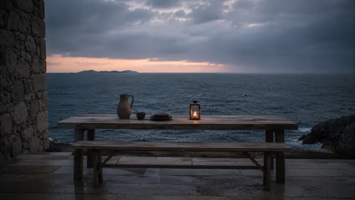 Tavolo in legno grezzo apparecchiato in modo spartano su un patio in pietra con vista sul mare blu scuro al crepuscolo