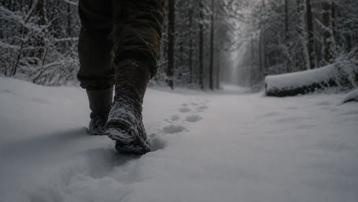 Scarponi pesanti che lasciano impronte profonde su un sentiero innevato e intatto in un bosco