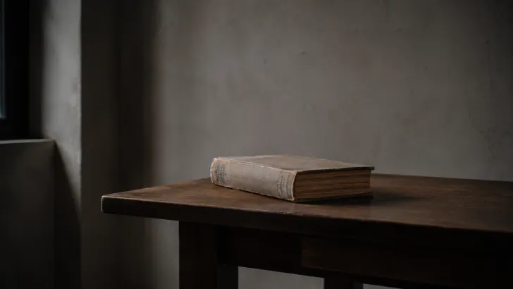 Libro chiuso con pagine visibilmente ingiallite appoggiato con noncuranza su un tavolo di legno grezzo, illuminato da una debole e fredda luce laterale
